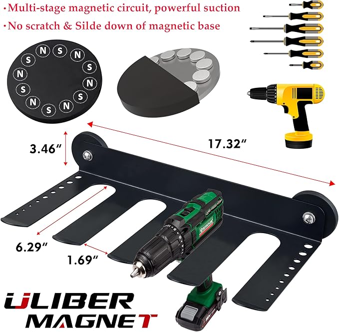 ULIBERMAGNET Magnetic Power Tool Organizer, Utility Storage Rack Shelf with Screwdriver Holder,Wall Mount Heavy Duty Cordless Drill Holder,Removable Tool Rack Suitable for Garage, Workshop