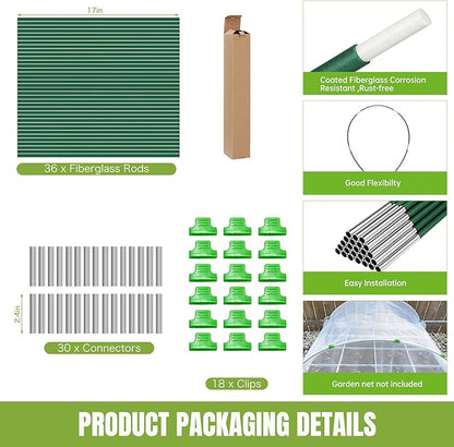 36 PCS Garden Hoops for Raised Beds, Rust-Free Plastic Coated Fiberglass Greenhouse Hoops, DIY Garden Tunnel Kit for Netting & Row Cover, Flexible Plant Support Stakes for Garden