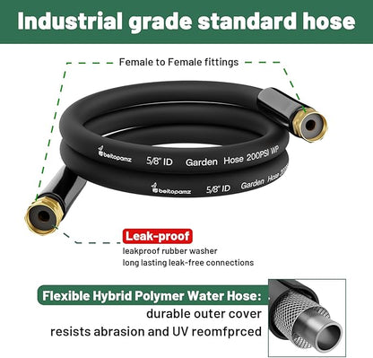 Short Garden Hose 3 ft x 5/8" Female to Female, Heavy Duty Small Water Hose Extend Connector, Leak-Free Connections Hybrid Rubber Leader Hose with 3/4" Double GHT Fittings, Black