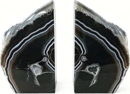 JIC Gem Geode Bookends Large Black Crystal Bookends Decorative Heavy Duty Agate Book Ends for Shelves 1 Pair 4 to 6 LBS with Rubber Bumpers
