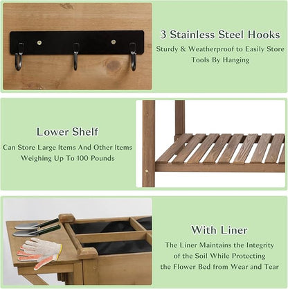 Raised Garden Bed Outdoor with Lockable Wheels, 55"x 24" x 33" Elevated Wood Planter Box for Backyard Balcony Patio, Garden Flower Beds with Drainage Holes & Storage Shelf, Gift for Gardening, Brown