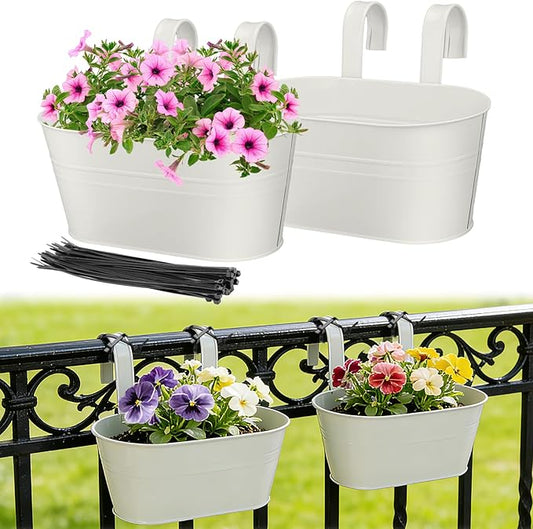 MADHOLLY Railing Planter with Drainage Holes - Sturdy Bucket Pots for Railing Fence, Countryside Style Metal Flower Pots for Herbs Balcony Garden Yard Decor, 2Pcs, White