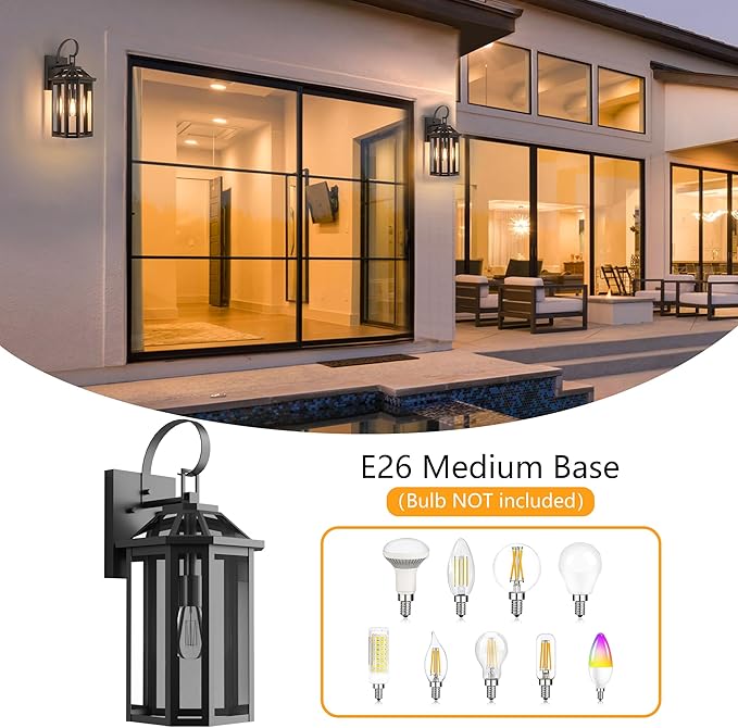 Outdoor Wall Lights, 20.24 Inch Large Waterproof Outside Wall Lantern Sconce, Clear Glass Exterior Lamp for House, Porch, Garage, 1-Light, (E26 Bulb Base, Black)