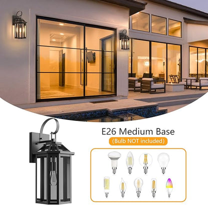 Outdoor Wall Lights, 20.24 Inch Large Waterproof Outside Wall Lantern Sconce, Clear Glass Exterior Lamp for House, Porch, Garage, 1-Light, (E26 Bulb Base, Black)