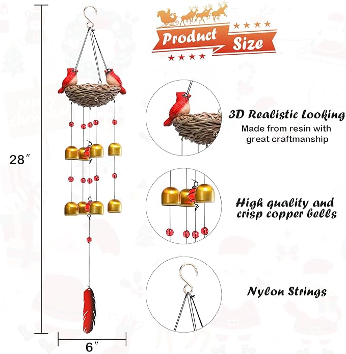 Taman Wind Chime for Outside - 27.5" Cardinals Wind Bell for Outdoor Decorative Mobile Memorial Sympathy Xmas Gift for Home, Outdoor, Yard, Patio,Garden Christmas Decor