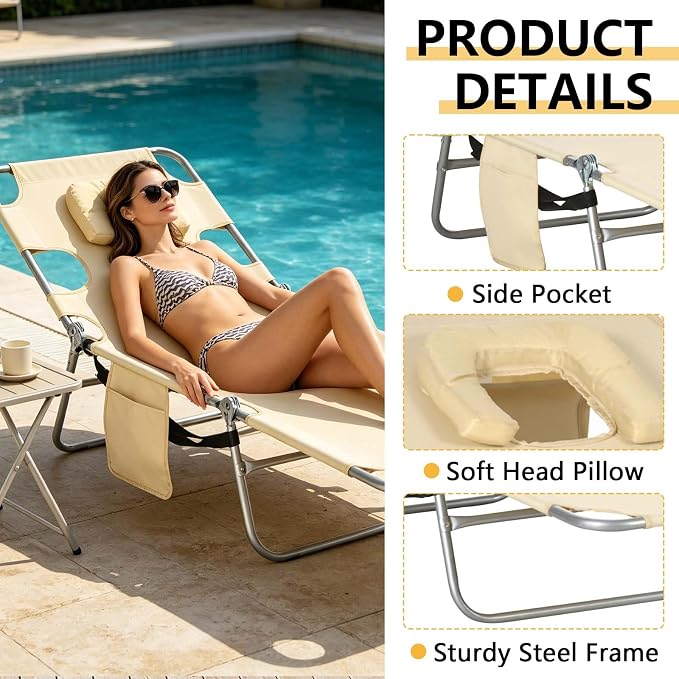 Sun Tanning Chair with Face Hole, Heavy Duty Adjustable 5-Position Folding Laying Out Chairs for Tanning, Beach Lounge Chairs for Adults for Outdoor Sunbathing Patio Pool Lawn (Beige)