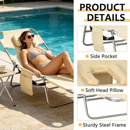 Sun Tanning Chair with Face Hole, Heavy Duty Adjustable 5-Position Folding Laying Out Chairs for Tanning, Beach Lounge Chairs for Adults for Outdoor Sunbathing Patio Pool Lawn (Beige)