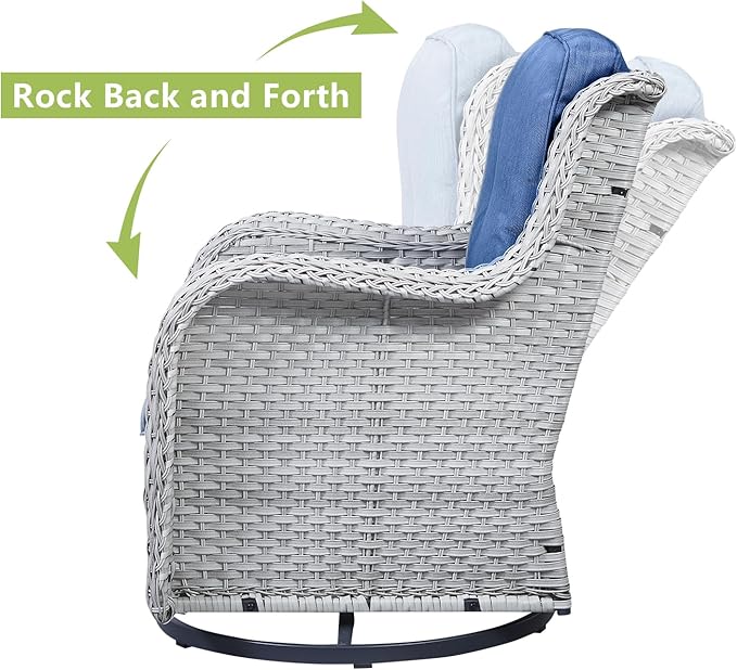 HUMMUH Outdoor Swivel Rocker Wicker Patio Chairs Set of 2,PE Rattan Rocking Chair Furniture Set(Light Grey,Blue)