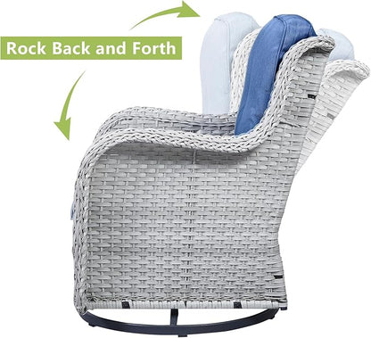HUMMUH Outdoor Swivel Rocker Wicker Patio Chairs Set of 2,PE Rattan Rocking Chair Furniture Set(Light Grey,Blue)