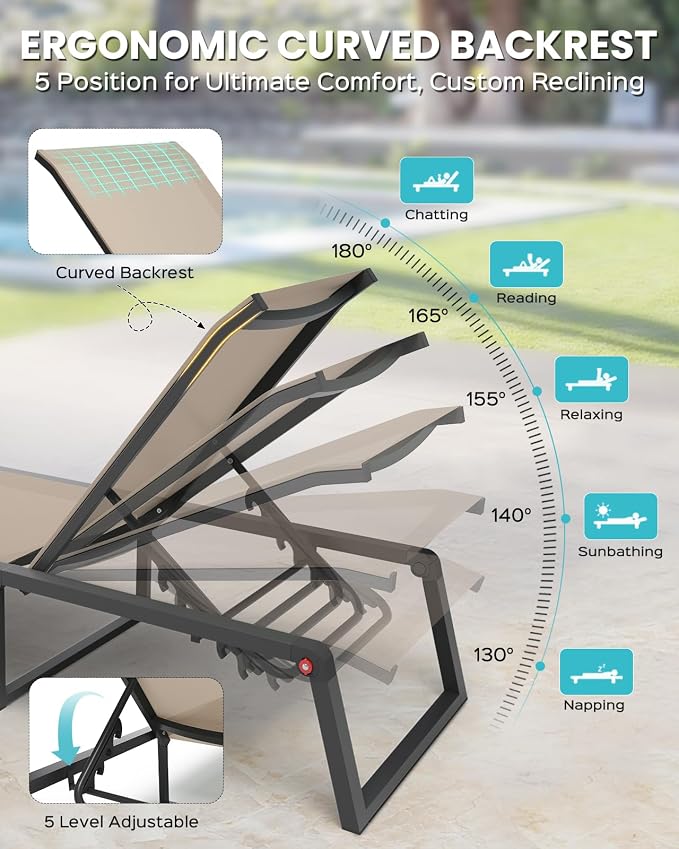 Aluminum Chaise Lounge Chair Outdoor, Foldable& No Assembly Patio Pool Lounge Chairs 5-Position Recliner for Outside, Fully Grounded Legs Sun Lounger for Poolside, 4 Packs, Khaki