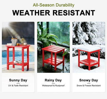 Outdoor Side Table HDPE Small Outdoor End Table Patio Side Tables Square for Backyard Pool Porch Balcony Double Layer Storage, Red (Wood Grain Finish)