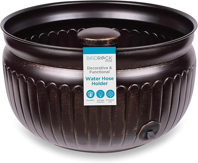 BIRDROCK HOME Water Hose Holder - Decorative Metal Pot, Indoor or Outdoor, Garden Storage Organizer, Patio Portable Bucket - Distressed Bronze, Holds up to 100ft Hoses, Medium No Lid