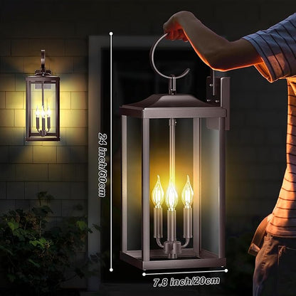 2 Packs 24" Extra Large 3-Light Outside Wall Light Fixture, Oil Rubbed Bronze Outdoor Porch Lantern Wall Mounted, Waterproof Modern Brown Outside Wall Sconce Coach Lamp for House, E12