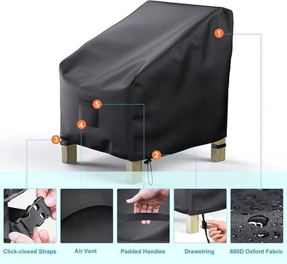 Patio Chair Covers for Outdoor Furniture Waterproof 2 Pack, Lawn Chair Covers 600D Heavy Duty Oxford Cloth, Large Covers for Lounge Lawn Deep Seat Black 29" W×30" D×36" H