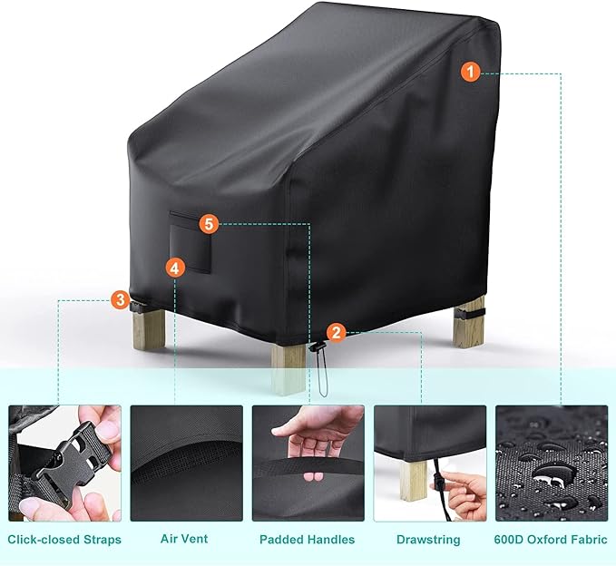 Patio Chair Covers for Outdoor Furniture Waterproof 2 Pack, Lawn Chair Covers 600D Heavy Duty Oxford Cloth, Large Covers for Lounge Lawn Deep Seat Black 36"W×37"D×36"H