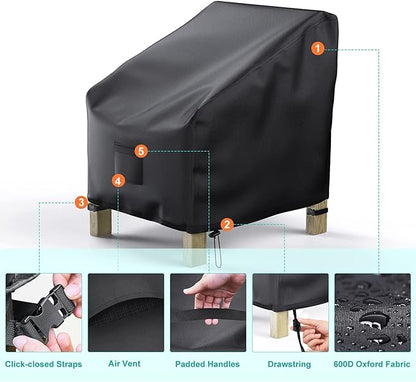 Patio Chair Covers for Outdoor Furniture Waterproof 2 Pack, Lawn Chair Covers 600D Heavy Duty Oxford Cloth, Large Covers for Lounge Lawn Deep Seat Black 36"W×37"D×36"H