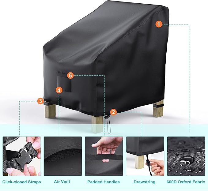 Patio Chair Covers for Outdoor Furniture Waterproof 2 Pack, Lawn Chair Covers 600D Heavy Duty Oxford Cloth, Large Covers for Lounge Lawn Deep Seat Black 32" W×37" D×36" H