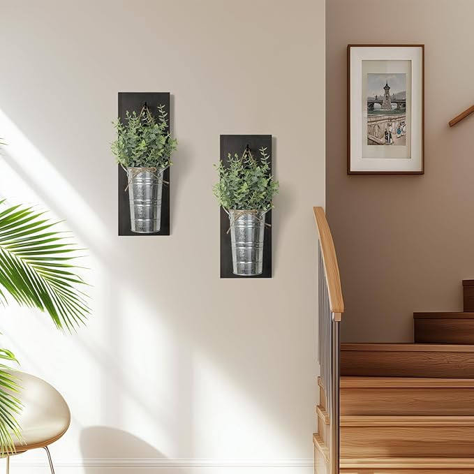 SHOHAYTO Farmhouse Wall Decor Set of 2 - Wood Hanging Planters with Artificial Eucalyptus, Rustic Vertical Pocket Vases for Bathroom Kitchen, Indoor Greenery Decor