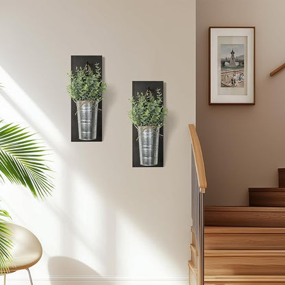 SHOHAYTO Farmhouse Wall Decor Set of 2 - Wood Hanging Planters with Artificial Eucalyptus, Rustic Vertical Pocket Vases for Bathroom Kitchen, Indoor Greenery Decor