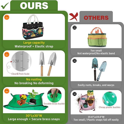22Pcs Gardening Tools Set for Women Heavy Duty Garden Hand Tool Kit Gardener Gifts for Beginner Gardening Accessories with Tote Bag/Shovel/Repotting Mat/Plant Labels/Gloves-Black