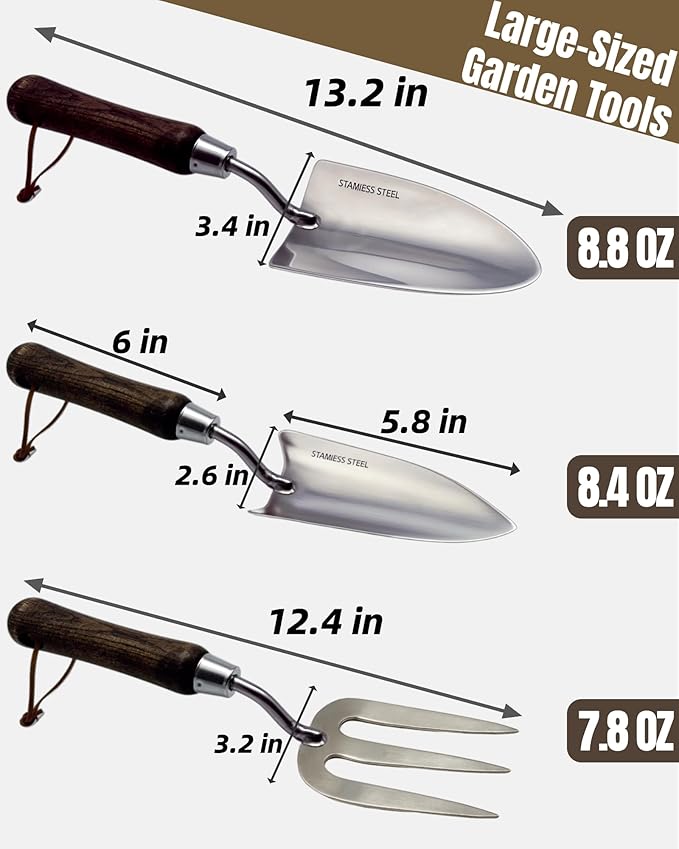Garden Tool Set, 6PCS Heavy Duty Stainless Steel Gardening Hand Tools with Ropes, Includes Hand Cultivator Shovel Trowel Transplanter 2-in-1 Hoe Pruner, Ideal Gardening Gifts for Women Men (Classic)