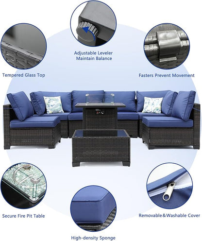 8 Pieces Patio Furniture Set with 28" Fire Pit Table, Wicker Outdoor Sectional Couch, Rattan Conversation Set for Backyard, Deck, Garden Lawn, Brown/Blue