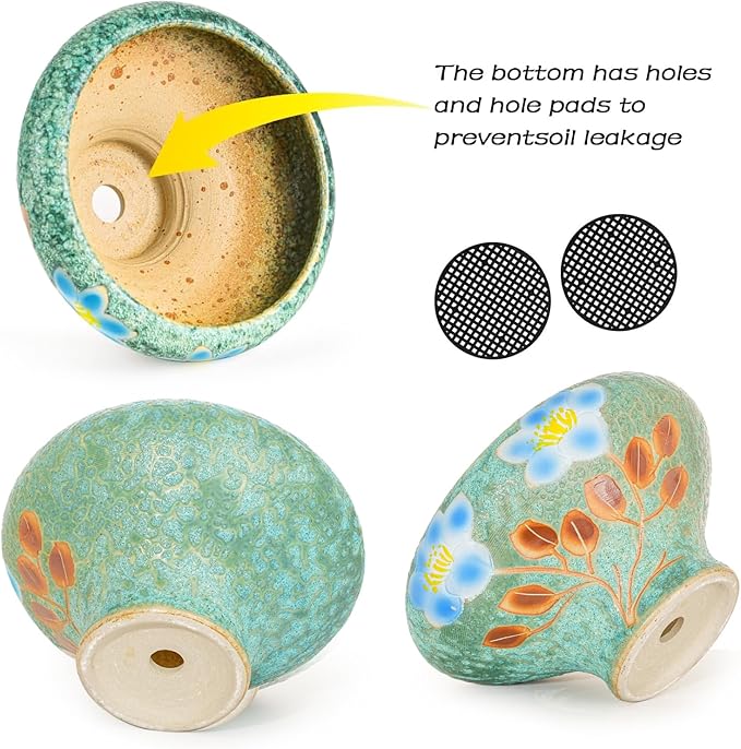 Sungmor 9.6 Inch Large Succulent Plant Pots, Pretty Hand Painted Ceramic Planter with Drainage, Indoor Outdoor Cactus Planter Bonsai Pot, Flower Pot for Indoor Plants Garden Windowsill Desktop Decor