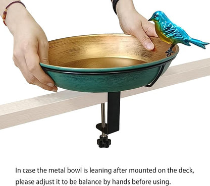 Deck Bird Bath for Outdoors, 11" Green/Bronze Metal Birdbath Bowl with Big Steel Clamp Backyard Birdbath&Bird Feeder for Railing Balcony Fence Yard Art Garden Decor
