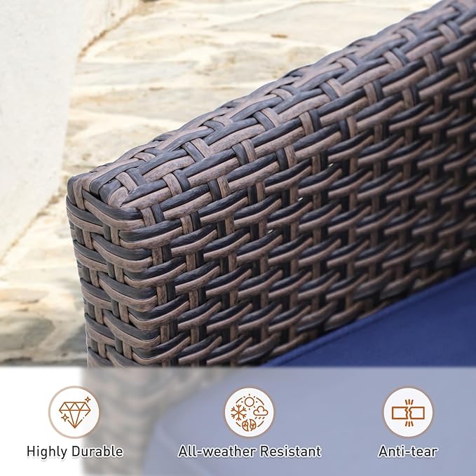 Canyon Ridge Wicker Patio Sofa with 2 Ottomans, Small Balcony Furniture, Outdoor Furniture Set, 2 Seat Loveseat, Brown/Blue