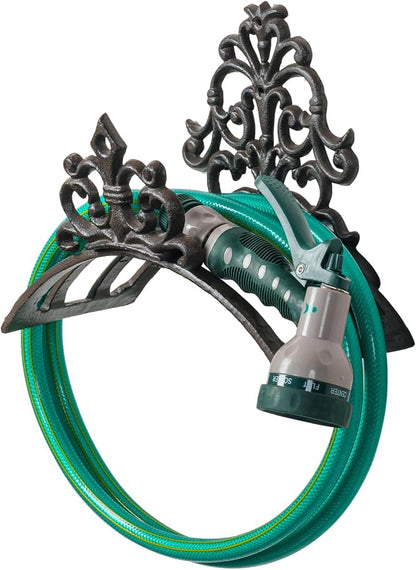 MyGift Wall Mounted Garden Hose Holder, Decorative Vintage French Floral Scrollwork hose Reel Hanger, Dark Coffee Cast Iron Water Hose Storage Rack