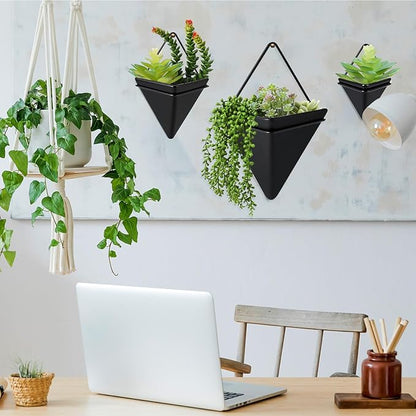 Rtteri 15 PCS Black Wall Hanging Planter Set with Artificial Succulents, 3 Ceramic Geometric Wall Planters in 3 Sizes, Modern Indoor Decor for Living Room Bathroom Office