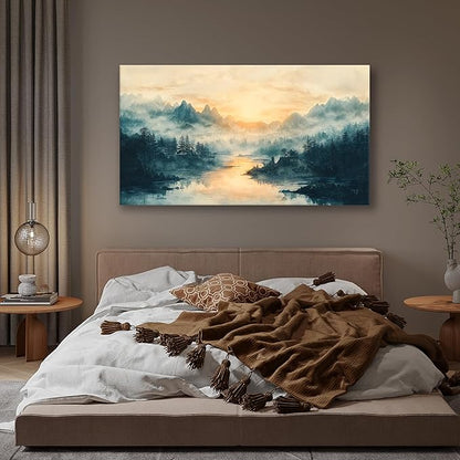 JLXART Landscape Canvas Wall Art Beautiful Lake Mountain Nature Scenic Picture Print Sunrise for Living Room Forest National Park Scenery Artwork Painting Decor,Inner Frame 30x58inch