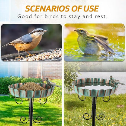 Metal Outdoor Bird Bath,11.6 Inch Standing Birdbath & Birdfeeder for Outside with 4 Prongs Base Stake,Garden Bird Baths for Yard Lawn Decor