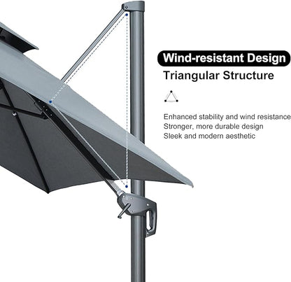 PURPLE LEAF Cantilever Patio Umbrella Outdoor Aluminum Offset Square Umbrella Windproof Heavy Duty Hanging Outside Umbrella for Deck Pool Garden
