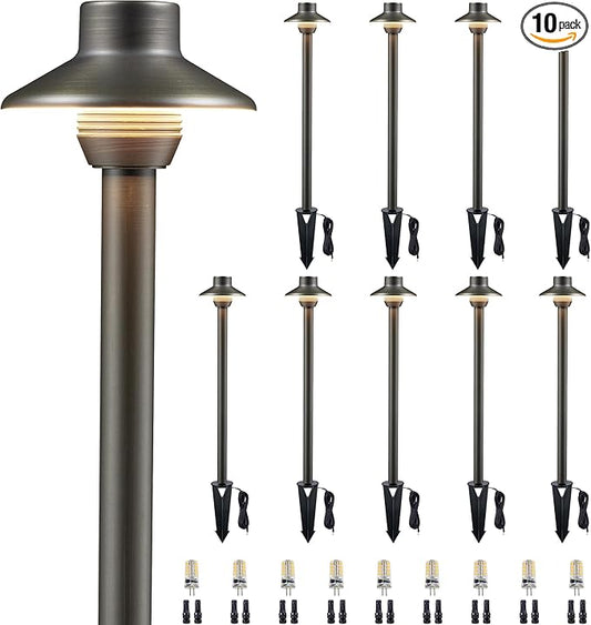 Gardenreet Brass Landscape Path Lights, LED 12V Low Voltage Pathway Lights Wired, Outdoor Garden Lights Waterproof, Mini Shade Bronze ETL for Patio Lawn with 3W 270LM 2700K G4 Bulb 10 Pack