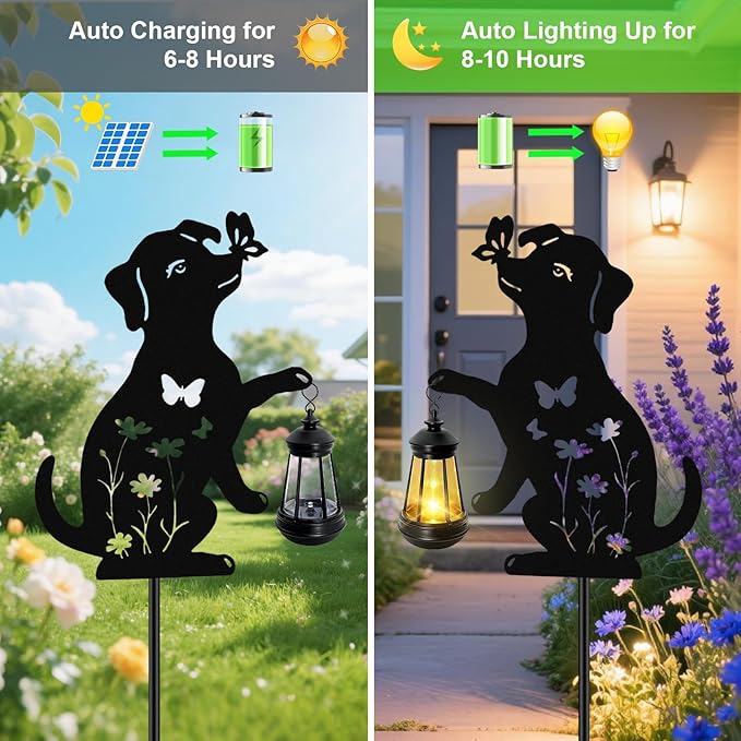 Solar Lights Outdoor, 2 Pack Metal Dog Solar Lights, Christmas Birthday Gifts for Women Mom Mother's Day, Waterproof Metal Hanging Lantern Stakes Garden Decor Outside Patio Yard Pathway Backyard,Lawn