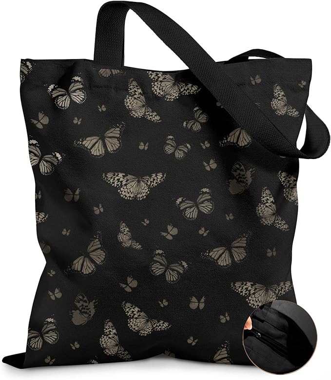Miss Adola Canvas Tote Bag for Women – Aesthetic Canvas Bag with Zipper Cute Stylish Reusable Shoulder Totes for Shopping Work Daily Vacation, Black Butterfly