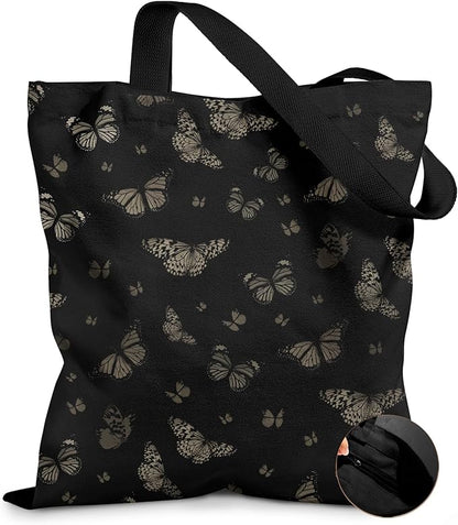 Miss Adola Canvas Tote Bag for Women – Aesthetic Canvas Bag with Zipper Cute Stylish Reusable Shoulder Totes for Shopping Work Daily Vacation, Black Butterfly