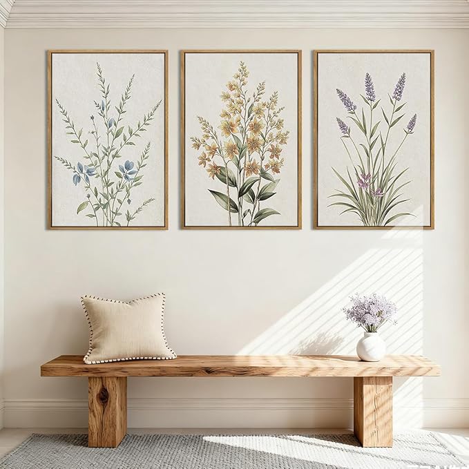 Anyzal Large Framed Botanical Wall Art 16x24 Inch Modern Floral Canvas Art Prints Neutral Beige Wildflower Wall Decor for Living Room Bedroom Dining Room Office Set of 3