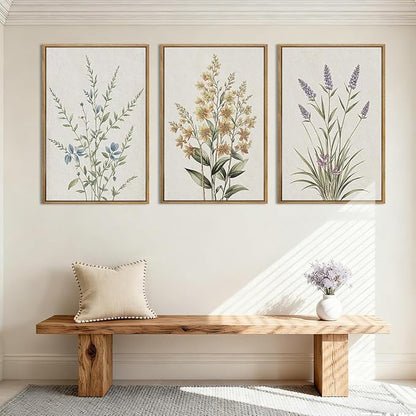 Anyzal Large Framed Botanical Wall Art 16x24 Inch Modern Floral Canvas Art Prints Neutral Beige Wildflower Wall Decor for Living Room Bedroom Dining Room Office Set of 3