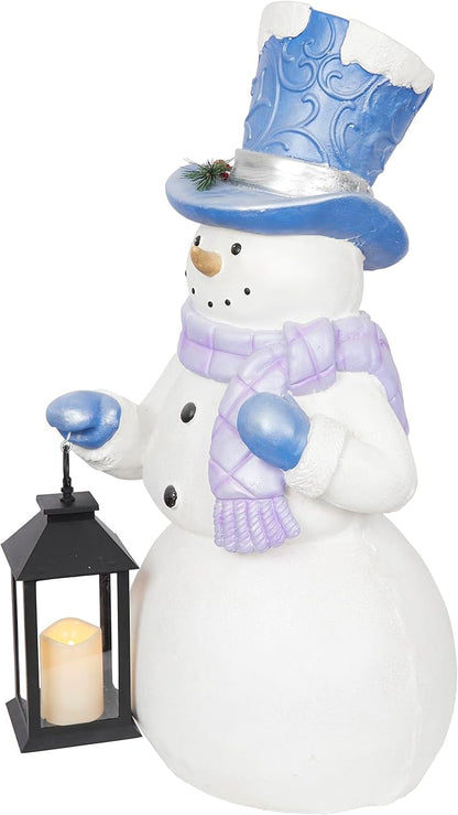 Alpine Corporation SKY562L-TM Lavender Winter Snowman Holding Lantern Statue with Warm White Flashing LED Candle, 3 Feet Tall, Indoor/Outdoor Holiday Decoration