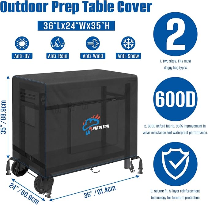 SIRUITON Outdoor Bar Cart Cover for 36 Inch Portable Outdoor Table, Heavy Duty 600D Oxford Fabric Outdoor Waterproof BBQ/Worktable Metal Movable Table Cover