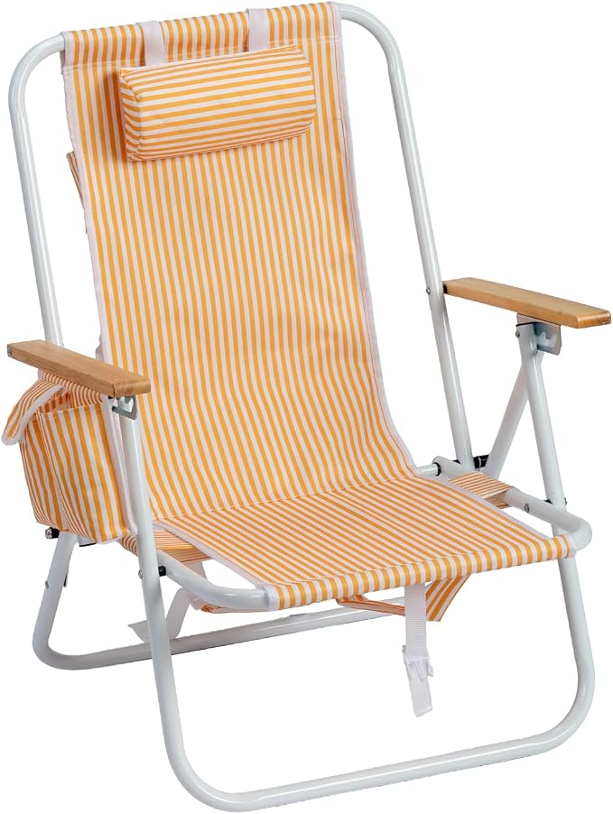Outvita Folding Beach Chair, 4 Position Adjustable Reclining Lounge Chair with Padded Headrest, Large Rear & Side Storage Pockets, Lightweight Portable Outdoor Chair for Beach Pool Garden BBQ