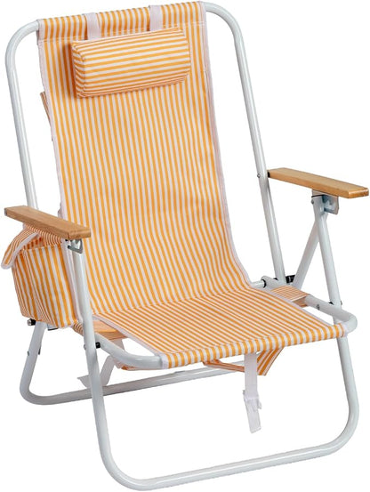 Outvita Folding Beach Chair, 4 Position Adjustable Reclining Lounge Chair with Padded Headrest, Large Rear & Side Storage Pockets, Lightweight Portable Outdoor Chair for Beach Pool Garden BBQ