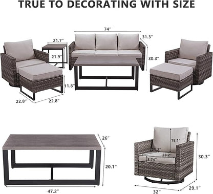 HUMMUH 7 Piece Patio Furniture Set PE Wicker Outdoor Sectional Sofa,High Back Patio Swivel Rocking Chairs with Ottomans Coffee Table for Porch,Garden,Backyard