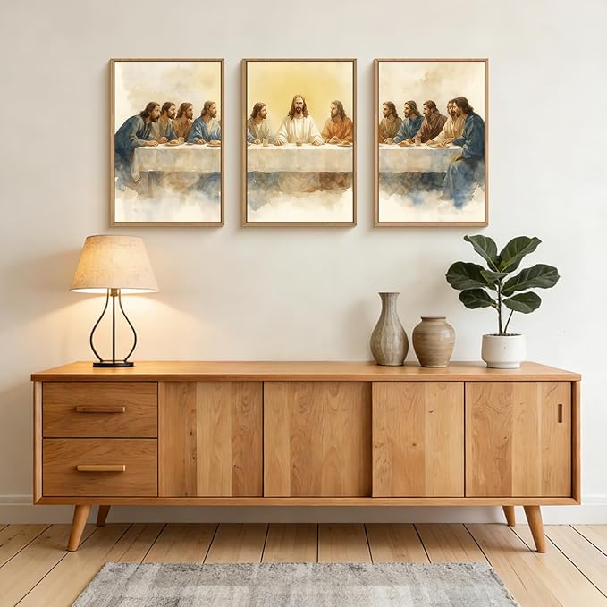 FWIEXA Jesus Last Supper Canvas Wall Art Set 3, Framed Christian Easter Decor Painting, Religious Boho Prints , Bible Watercolor Artwork, 16x24In Verse Scripture Pictures for Living Room,Bedroom,Prayer Room