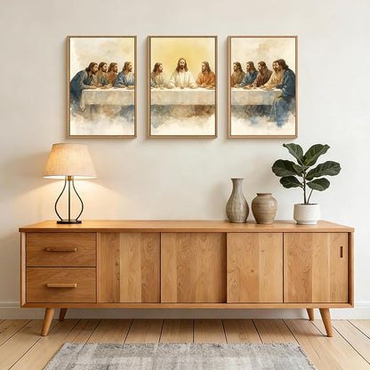 FWIEXA Jesus Last Supper Canvas Wall Art Set 3, Framed Christian Easter Decor Painting, Religious Boho Prints , Bible Watercolor Artwork, 16x24In Verse Scripture Pictures for Living Room,Bedroom,Prayer Room
