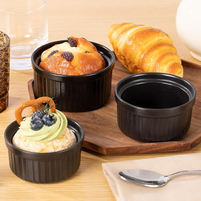 Yachi Ramekins Black, 4 oz 6 Pieces Ceramic Baking Ramekin Set of 6 Stoneware Bakeware Serving for Sauces Dipping Onion Soup Lava Cake Flan Creme Brulee Kit Pudding Mini Custard Ramekins Oven Safe Mini Custard Cups small Bowls for Souffle Merry Christmas