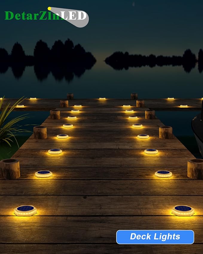 DetarZinLED Solar Step Lights for Outside Waterproof, 4 Pack Warm White Outdoor Stair Light Solar Powered, Stick on Lights for Deck, Dock, Driveway, Walkway, Pathway, Porch, Yard, Ground