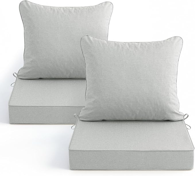 Summsun Patio Cushions for Outdoor Furniture, Faux Linen Water Resistant Backrest and Deep Seat Cushion Set with Non-Slip Bottom, Ties, Removable Cover, 24 x 24 Inch, Light Grey, Set of 2